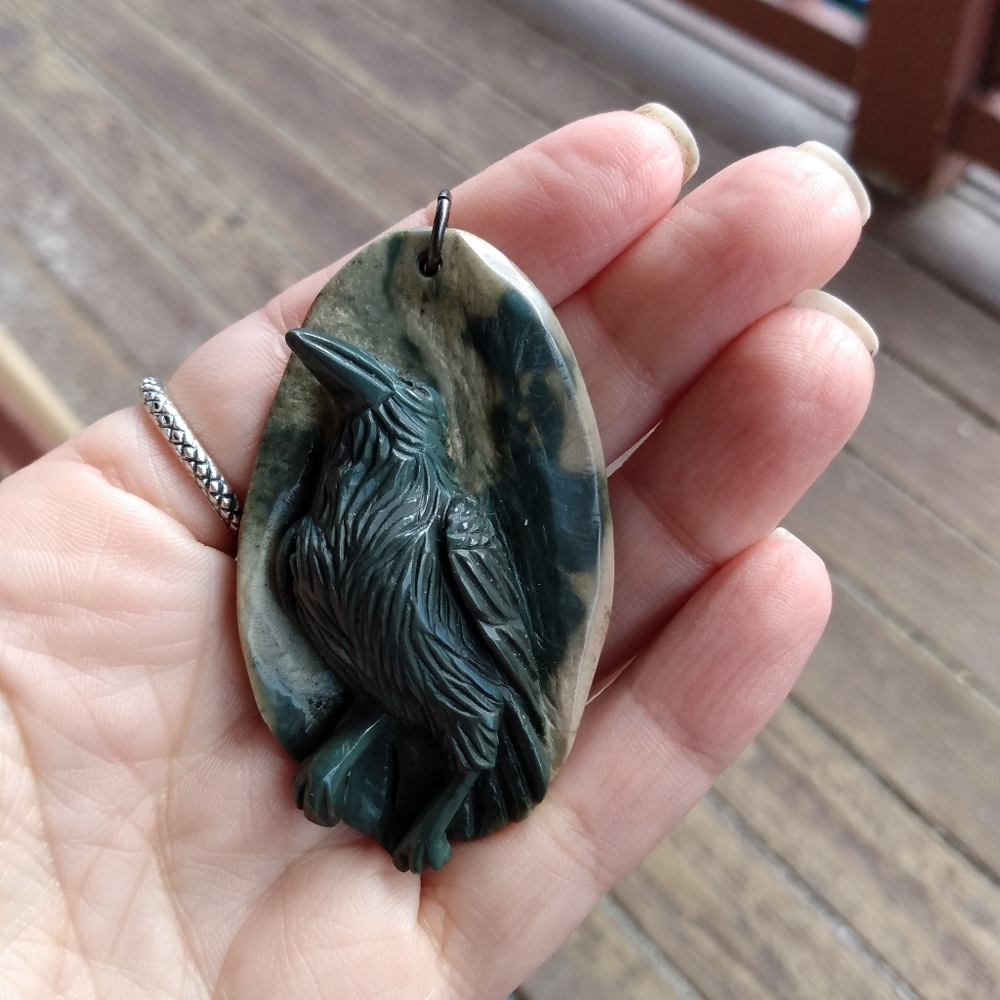 Hand carved Moss Agate Guardian Crow Pendant